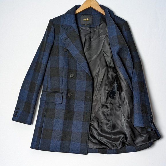 MAJE Goldan Coat Tailored Plaid Oversized Double Breasted Blazer Blue Black Wool - Picture 9 of 16